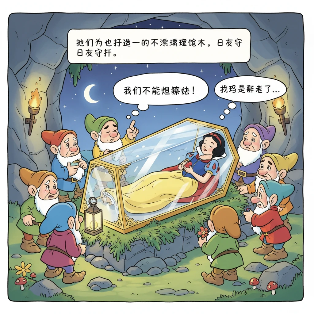 小矮人们以为白雪公主已经死去，不忍心将她埋葬，于是为她打造了一个透明的水晶棺材，将她放在里面，日夜守护。