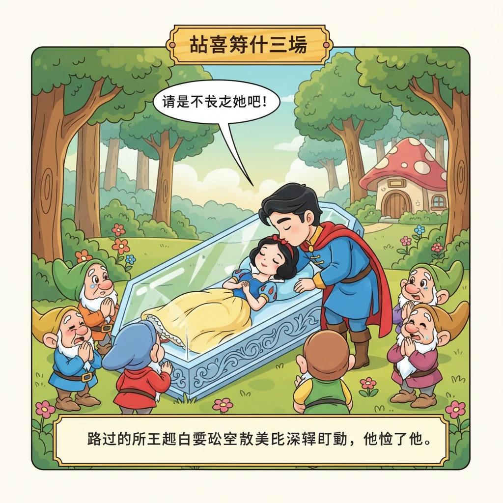 一位路过的英俊王子看到了水晶棺中的白雪公主，被她的美丽深深打动。他请求小矮人让他带走公主，并轻轻地吻了她。