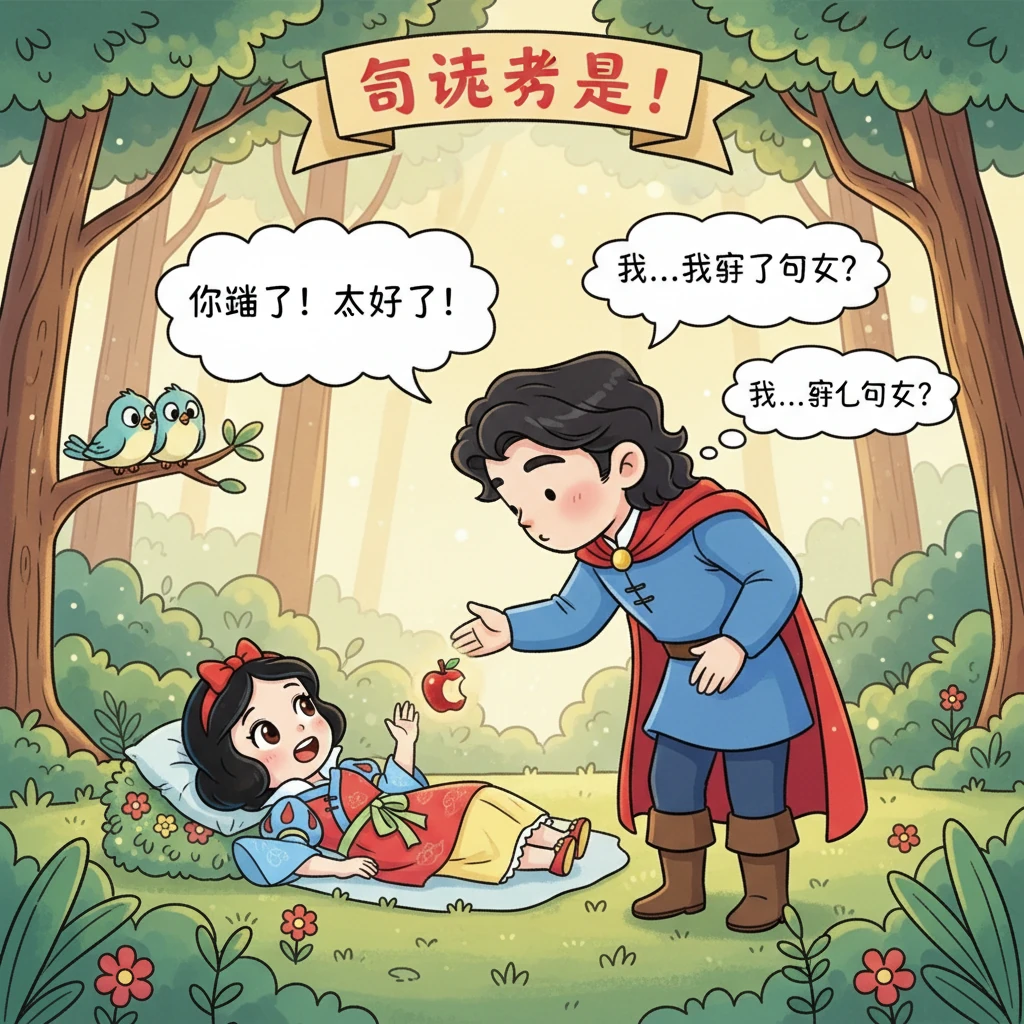 奇迹发生了！随着王子温柔的吻，卡在白雪公主喉咙里的毒苹果块掉了出来，她慢慢地睁开了眼睛，苏醒了过来！