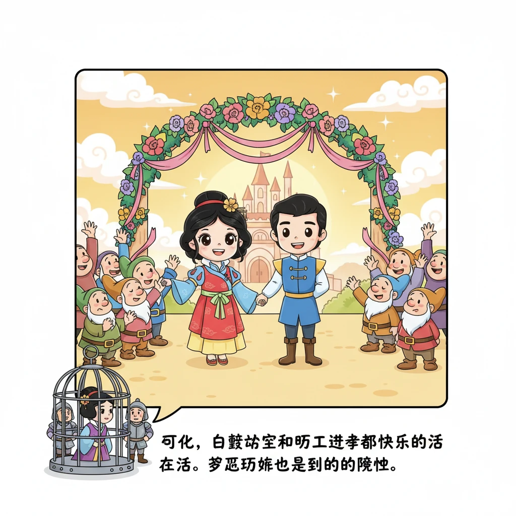 白雪公主和王子一见钟情，他们举行了盛大的婚礼。邪恶的王后最终也得到了应有的惩罚。从此，白雪公主和王子过上了幸福快乐的生活。