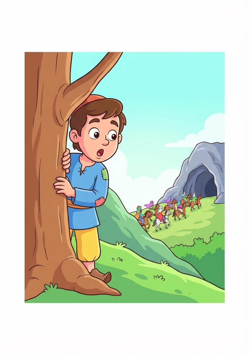 有一天,阿里巴巴在山上砍柴时,远远地看到一群骑马的人正朝着一个山洞走去。他好奇地躲在一棵大树后面观察。