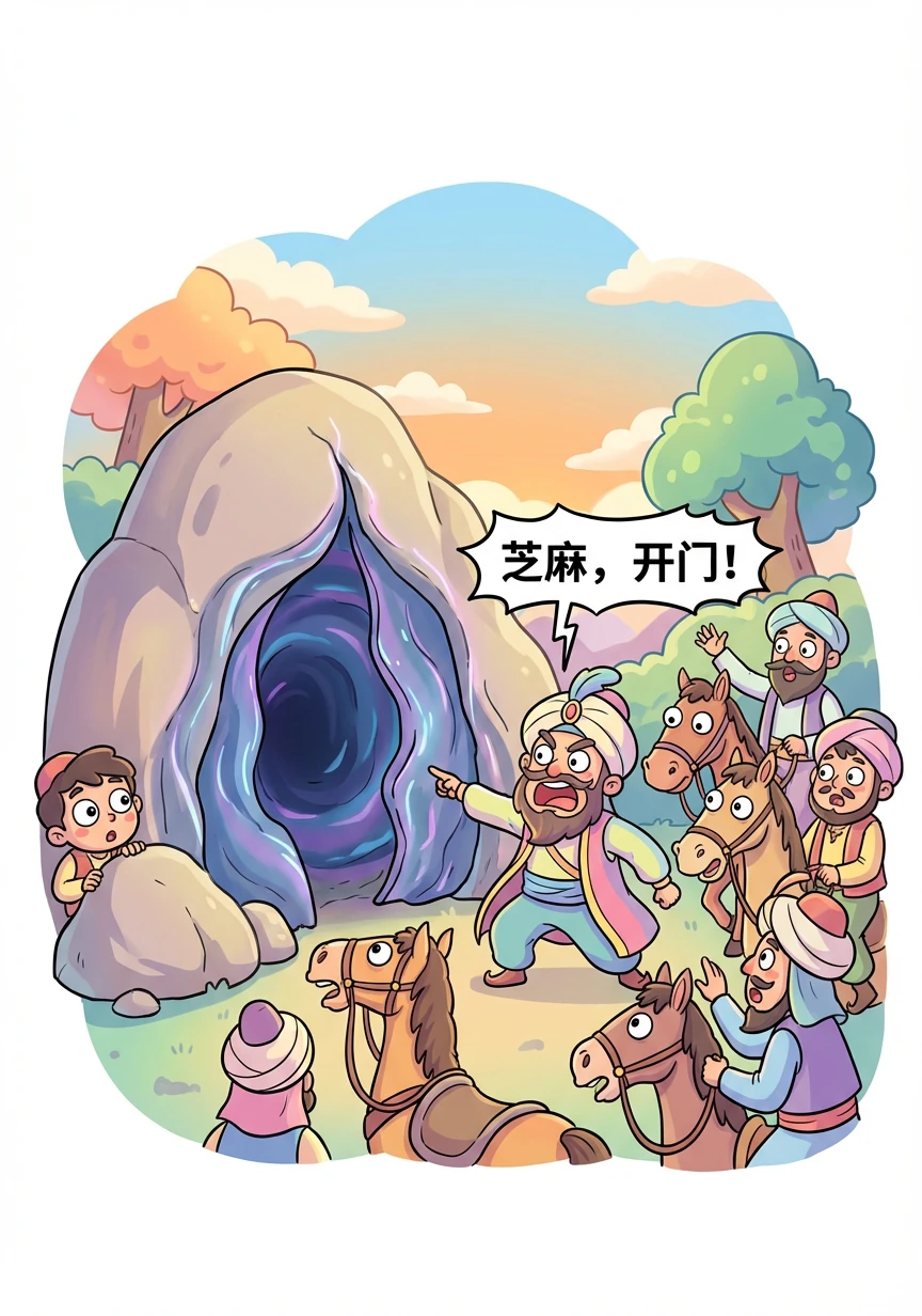 那群骑马的人来到山洞前,他们的首领大声喊道:“芝麻,开门!” 洞口突然打开,露出了一个黑漆漆的入口。