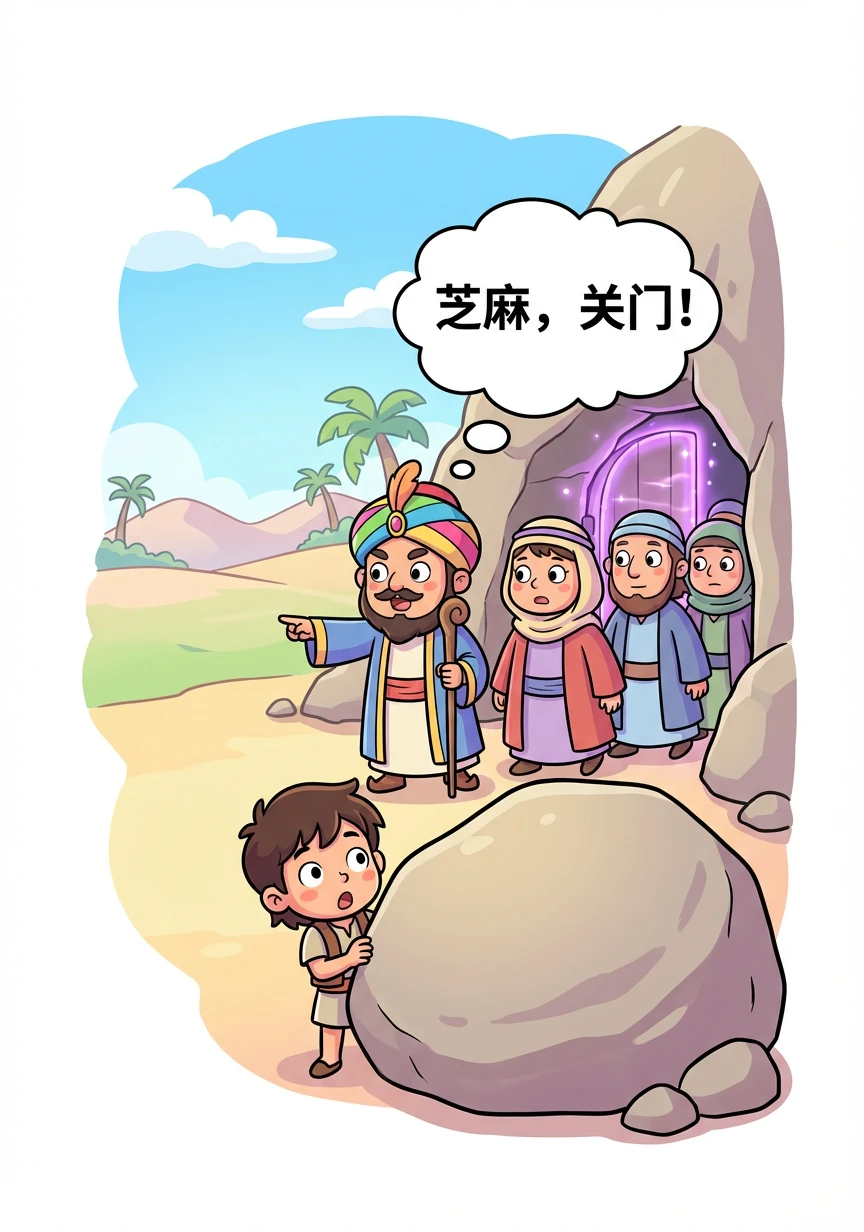 这群人进入山洞后,阿里巴巴等了很久。当他们再次出来时,首领又喊道:“芝麻,关门!” 洞口又自动关闭了。