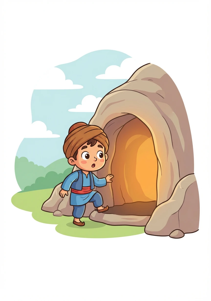 阿里巴巴等他们走远后,壮着胆子走到山洞前,也喊道:“芝麻,开门!” 洞口果然打开了。他小心翼翼地走了进去。