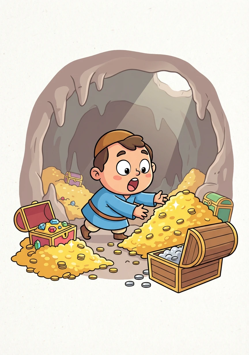 山洞里堆满了金银珠宝,还有无数的箱子。阿里巴巴惊呆了,他意识到这是强盗们的宝藏。