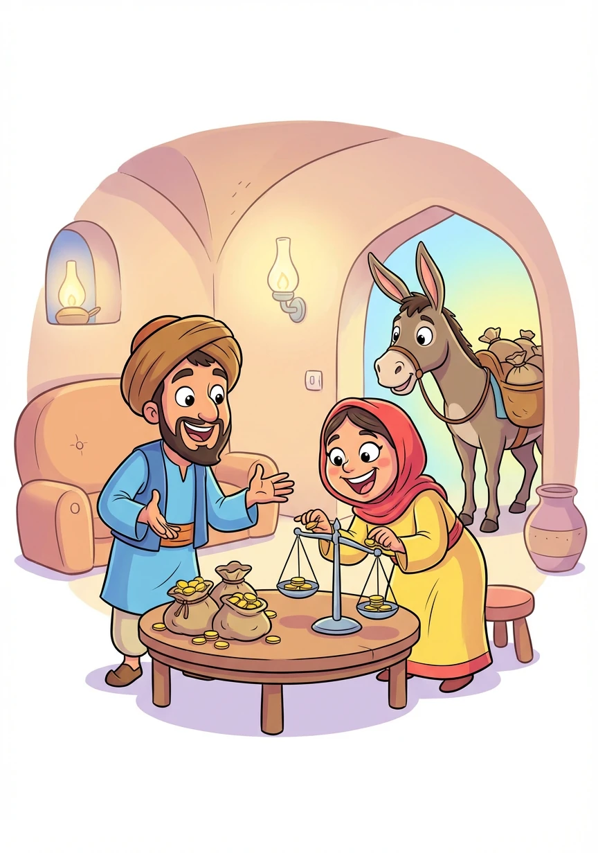 阿里巴巴用自己的毛驴驮了一些金币回家。他把这件事告诉了妻子,妻子非常高兴,决定用金币称一下重量。