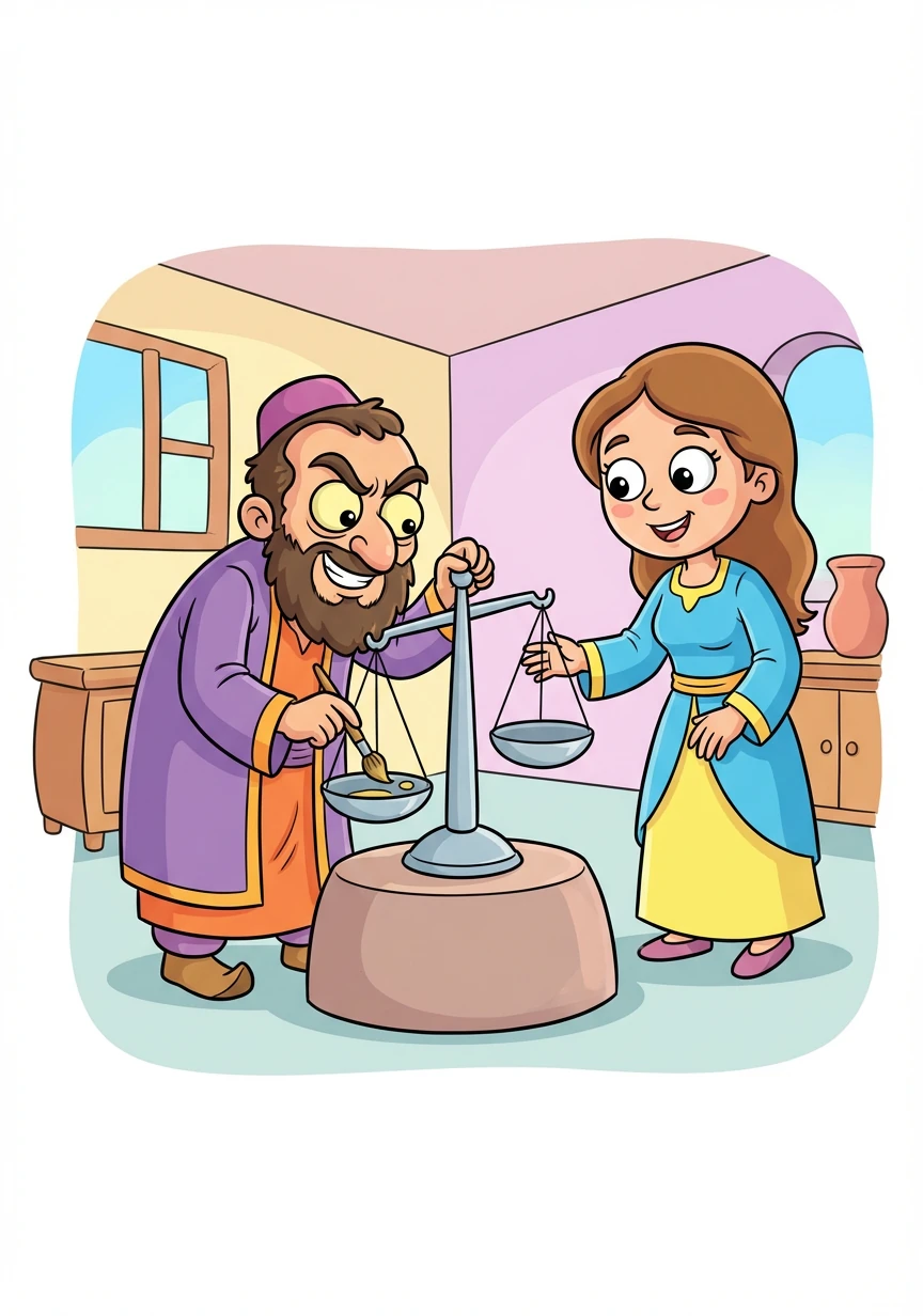 阿里巴巴的妻子向她的哥哥,也就是贪婪的卡西姆借了秤。卡西姆在秤上涂了油,想知道阿里巴巴到底称了什么东西。