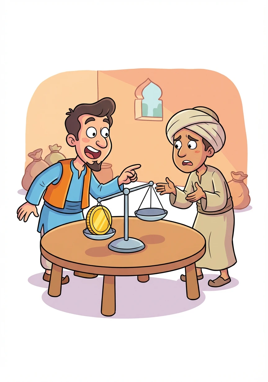 卡西姆发现秤上粘着一枚金币,他逼问阿里巴巴金币的来源。阿里巴巴无奈,只好把山洞的秘密告诉了他。