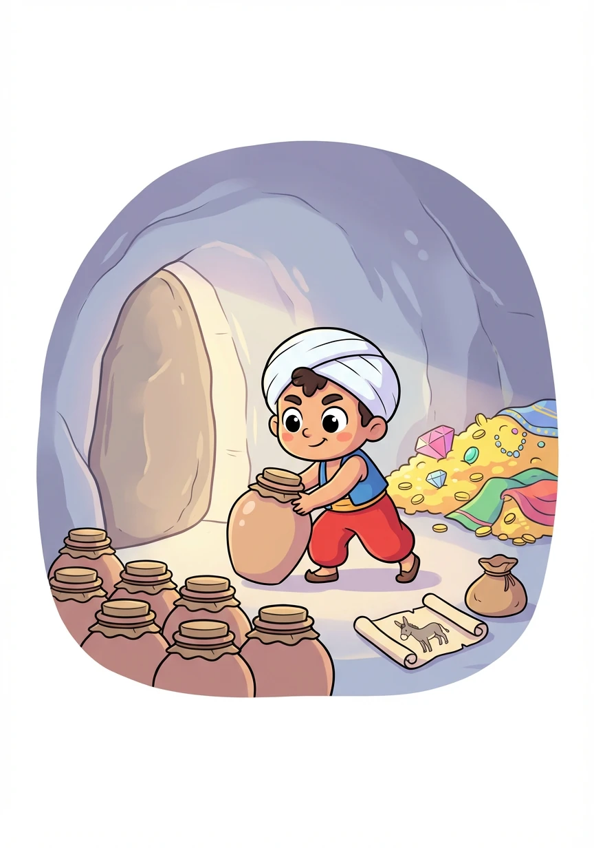 卡西姆带着更多的毛驴去了山洞,贪婪地装满了宝藏。但他却忘记了开门的咒语,被强盗们抓住了,最终丢掉了性命。阿里巴巴埋葬了哥哥,决心为民除害,最终用智慧战胜了四十大盗。