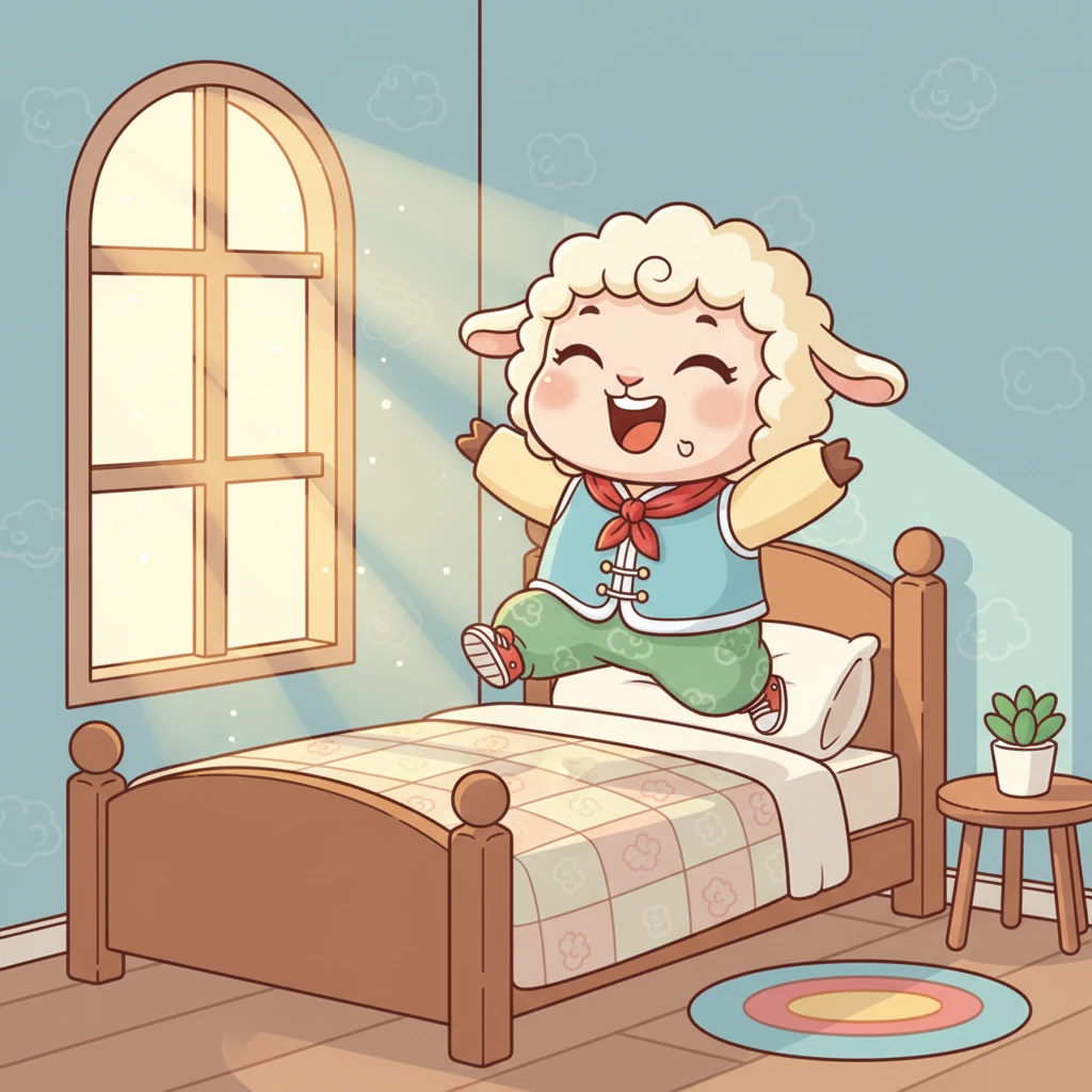 清晨的第一缕阳光透过窗户,轻轻洒在小羊毛茸茸的脸上。它揉了揉惺忪的眼睛,一个大大的哈欠后,开心地跳下了床,准备迎接充满新奇的一天。