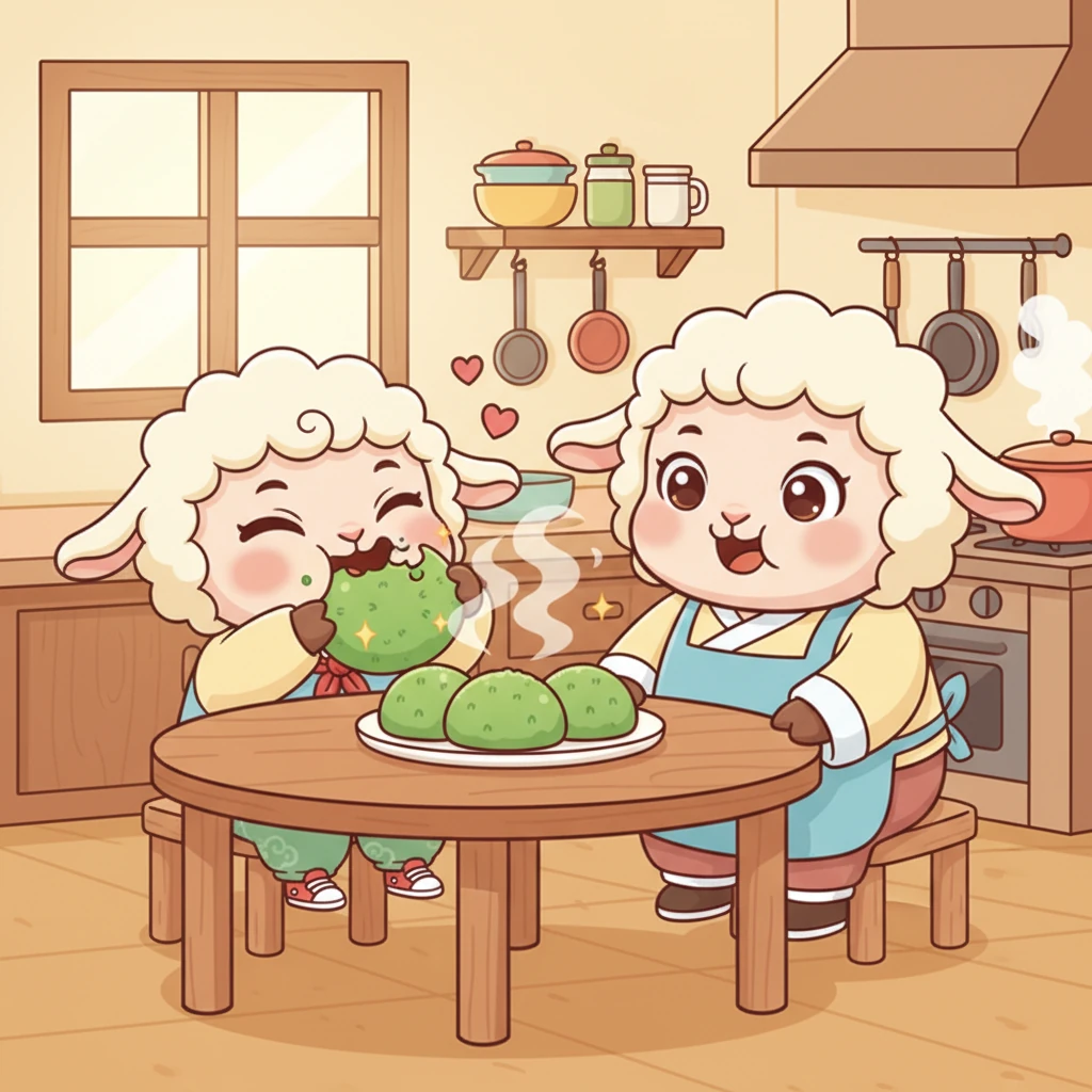 厨房里飘来阵阵香气,羊妈妈已经为它准备好了三块新鲜出炉的草饼。小羊迫不及待地坐到餐桌前,一口咬下去,甜甜的草香在嘴里弥漫开来,真是幸福的味道。