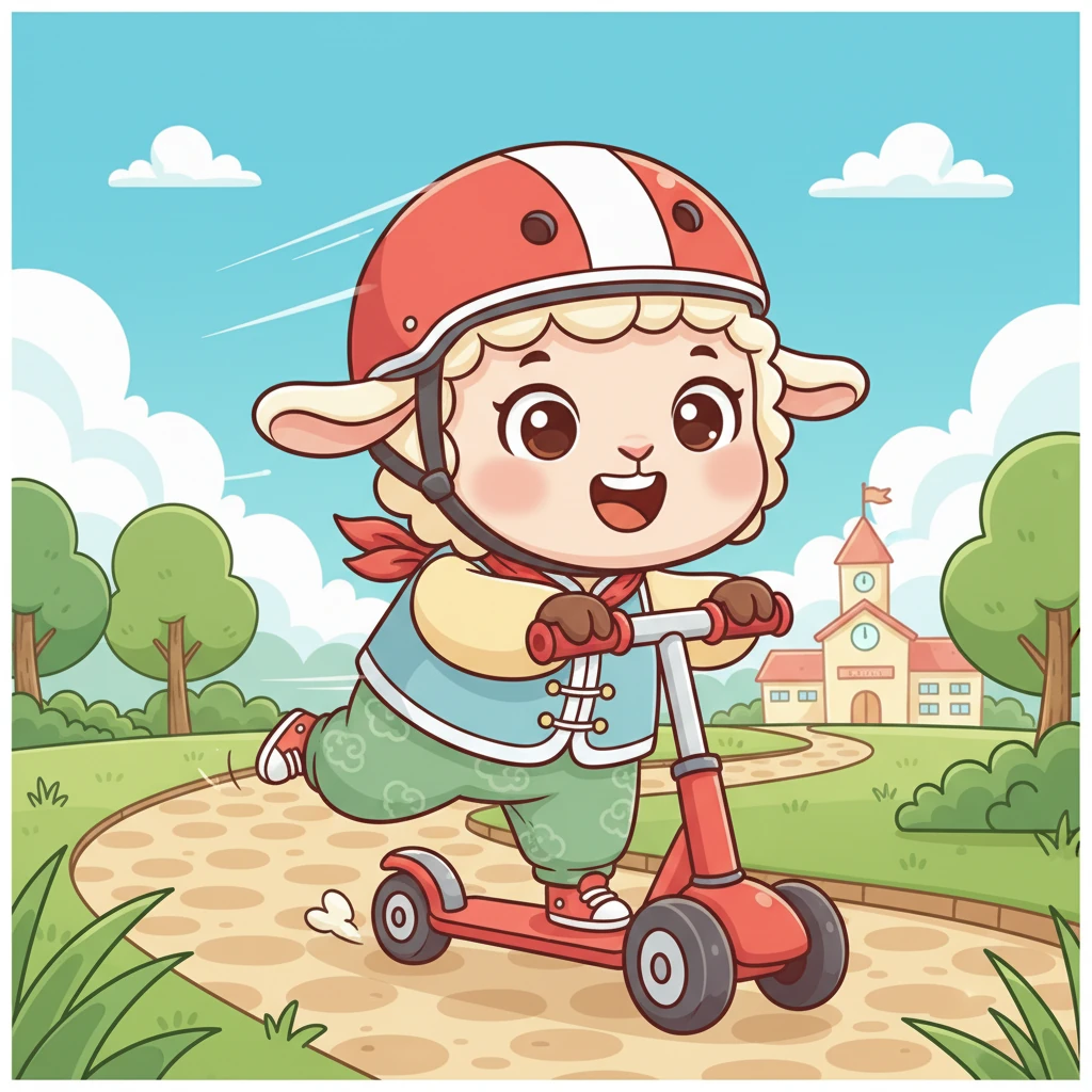 吃完美味的早餐,小羊戴上头盔,熟练地蹬上它的红色滑板车。它在小路上轻快地滑行,风儿吹拂着它的耳朵,小羊感觉自己像一阵风,飞快地朝着学校驶去。