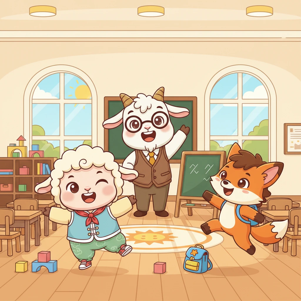 当小羊抵达学校时,山羊老师已经在宽敞明亮的教室里微笑着等待了。不一会儿,活泼的小马和机灵的狐狸也蹦蹦跳跳地赶到,教室里立刻充满了欢声笑语。