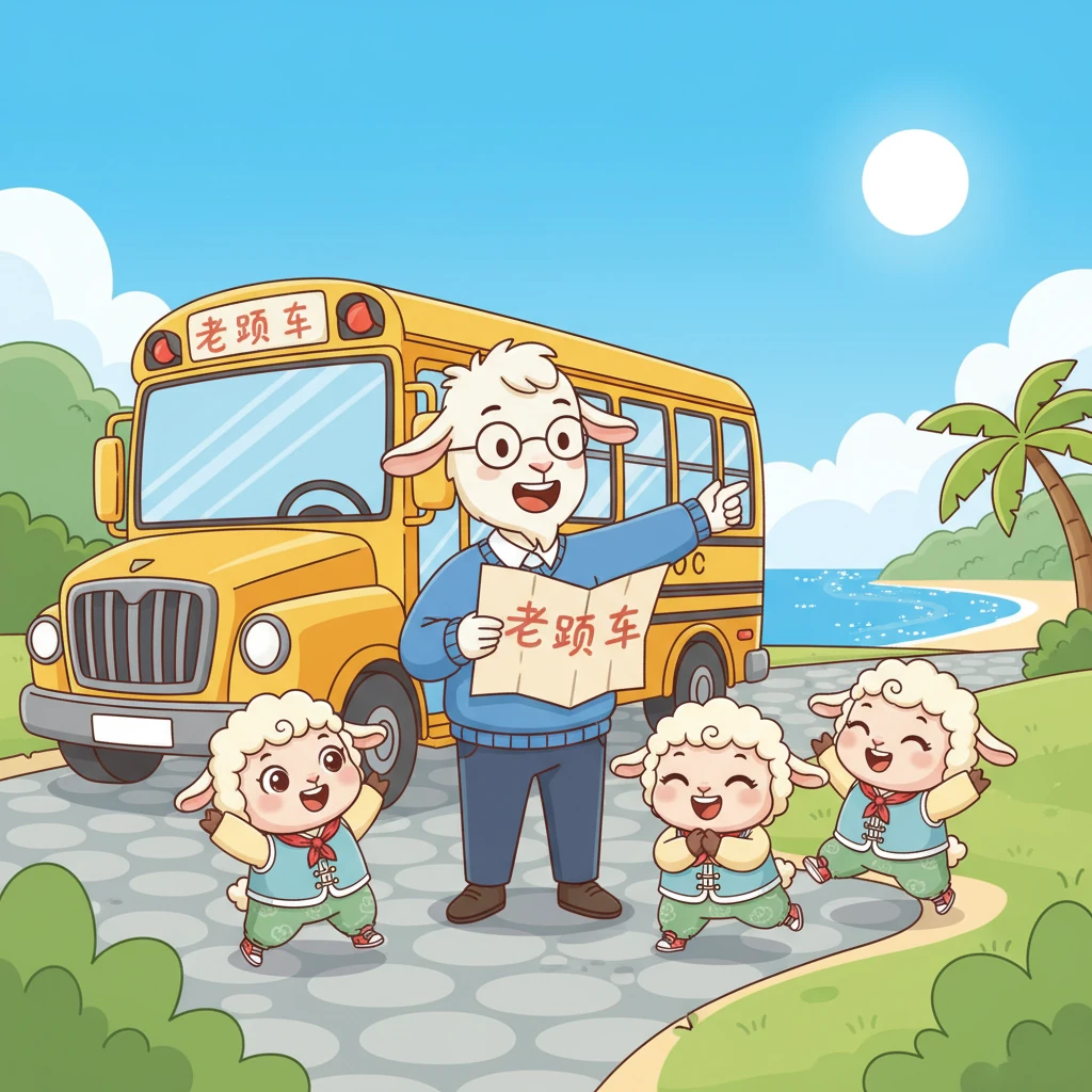 山羊老师神秘地宣布,今天的课程将在户外进行,他们将乘坐老师的车前往美丽的海边。孩子们兴奋地欢呼起来,迫不及待地想知道接下来会发生什么。