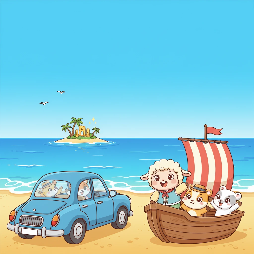 汽车稳稳地停在了阳光明媚的海滩边,远处碧波荡漾。大家迫不及待地跳下车,然后兴奋地坐上了一艘小巧的探险船,目标是那片神秘的、若隐若现的小岛。