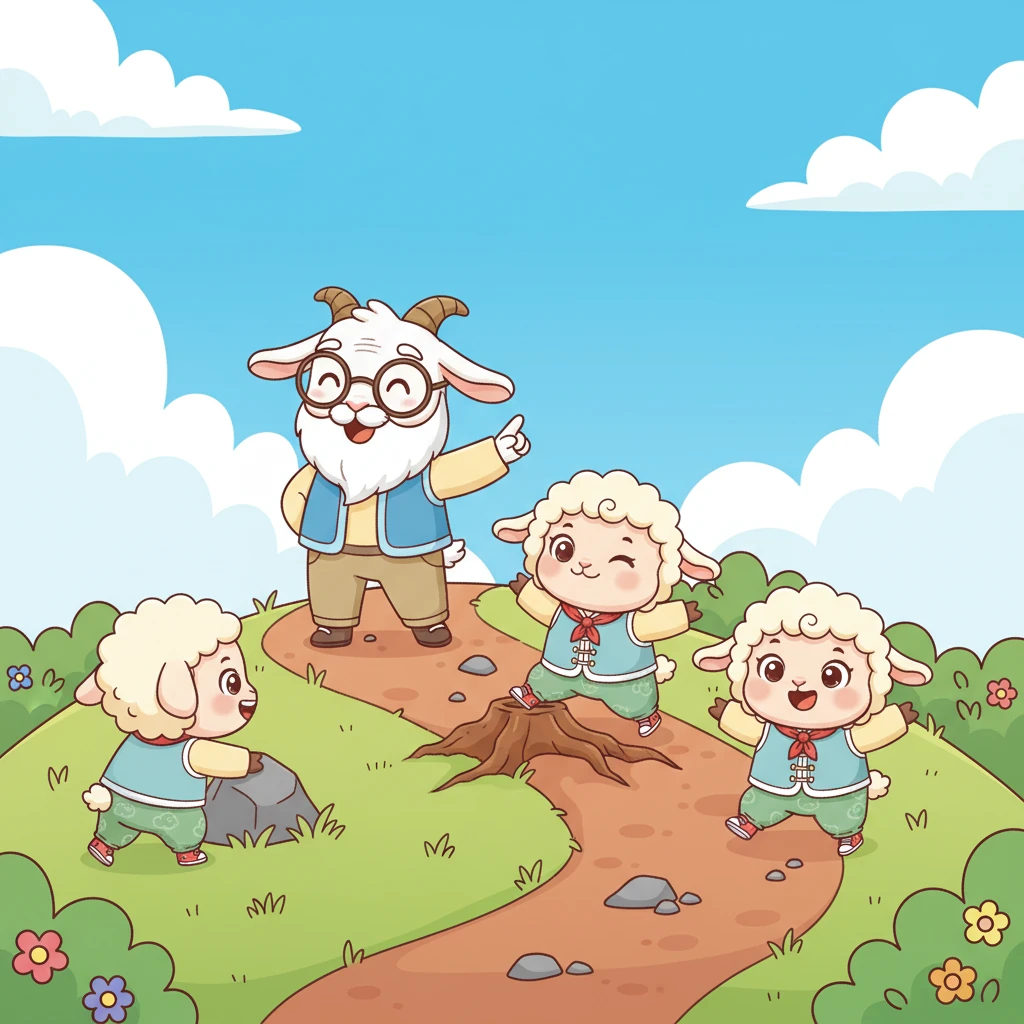 在山羊老师的带领下,大家开始沿着一条蜿蜒的小径向上攀爬。虽然小山不高,但每一步都充满了探索的乐趣,他们互相鼓励,小心翼翼地向前行进。