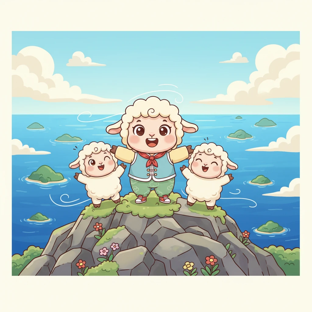 终于,小羊和伙伴们成功登上了山顶,微风轻拂,带着大海的咸味。他们俯瞰着无边无际的蔚蓝大海和岛屿全景,所有的疲惫都随着眼前的美景烟消云散了。