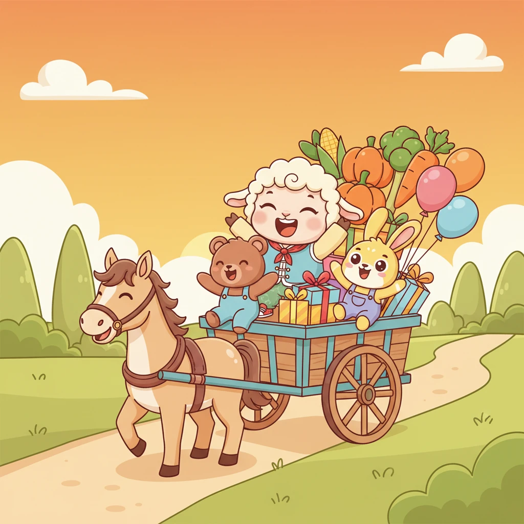 太阳渐渐西沉,将天空染成一片金红。小羊和朋友们带着满满的收获和快乐的回忆,坐上车,一路欢声笑语地回到了温暖的家。