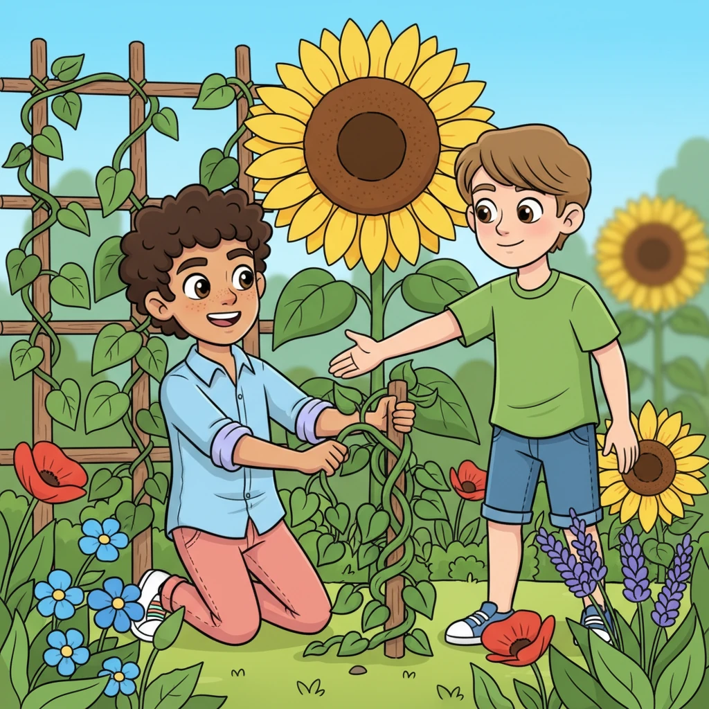 Leo, with a wide, friendly grin, is playfully trying to untangle a stubborn vine in a community garden, his brow comically furrowed. Suddenly, Julian, with sparkling eyes and a gentle smile, appears from behind a giant, cartoonishly oversized sunflower, offering a helping hand and a cheerful greeting. Bright green leaves and colorful flowers burst around them, setting a joyful, vibrant tone.