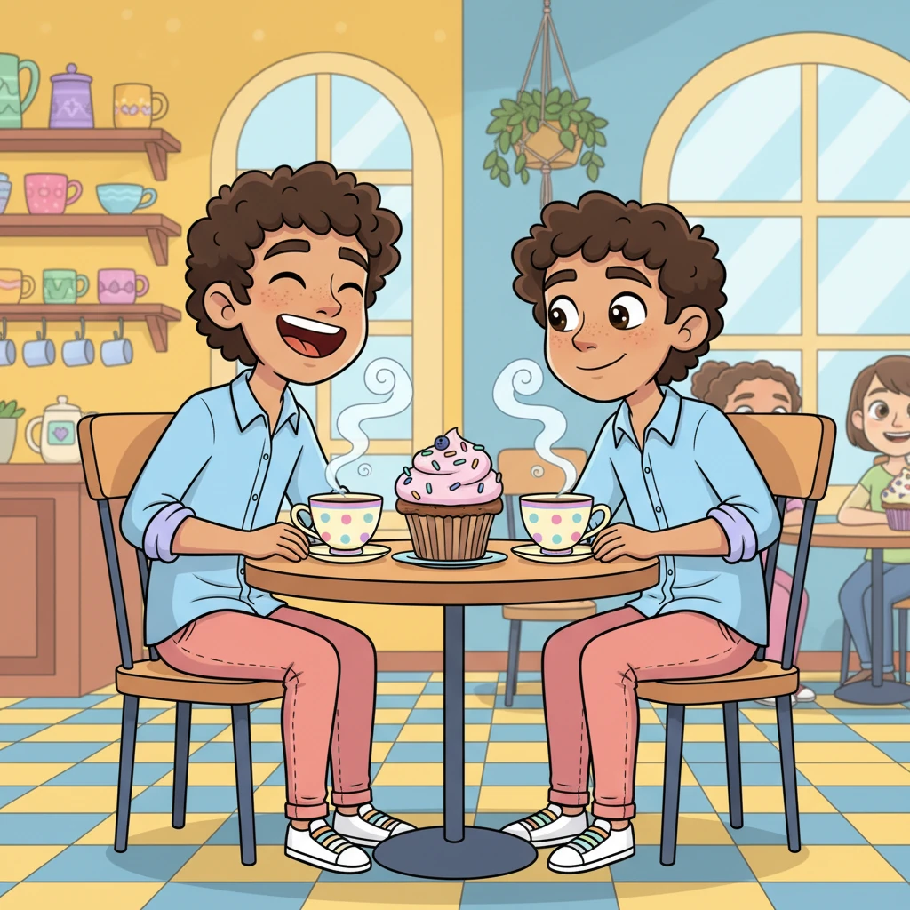 Leo and Julian are at a cozy, brightly colored café, leaning in close over a table adorned with a whimsical teacup and saucer. Julian is mid-laugh, head tilted back, a huge, exaggerated smile on his face, while Leo grins widely, his eyes crinkling with warmth as he gazes at Julian. Steam swirls playfully from their hot drinks, and a giant, cheerful muffin sits uneaten between them.