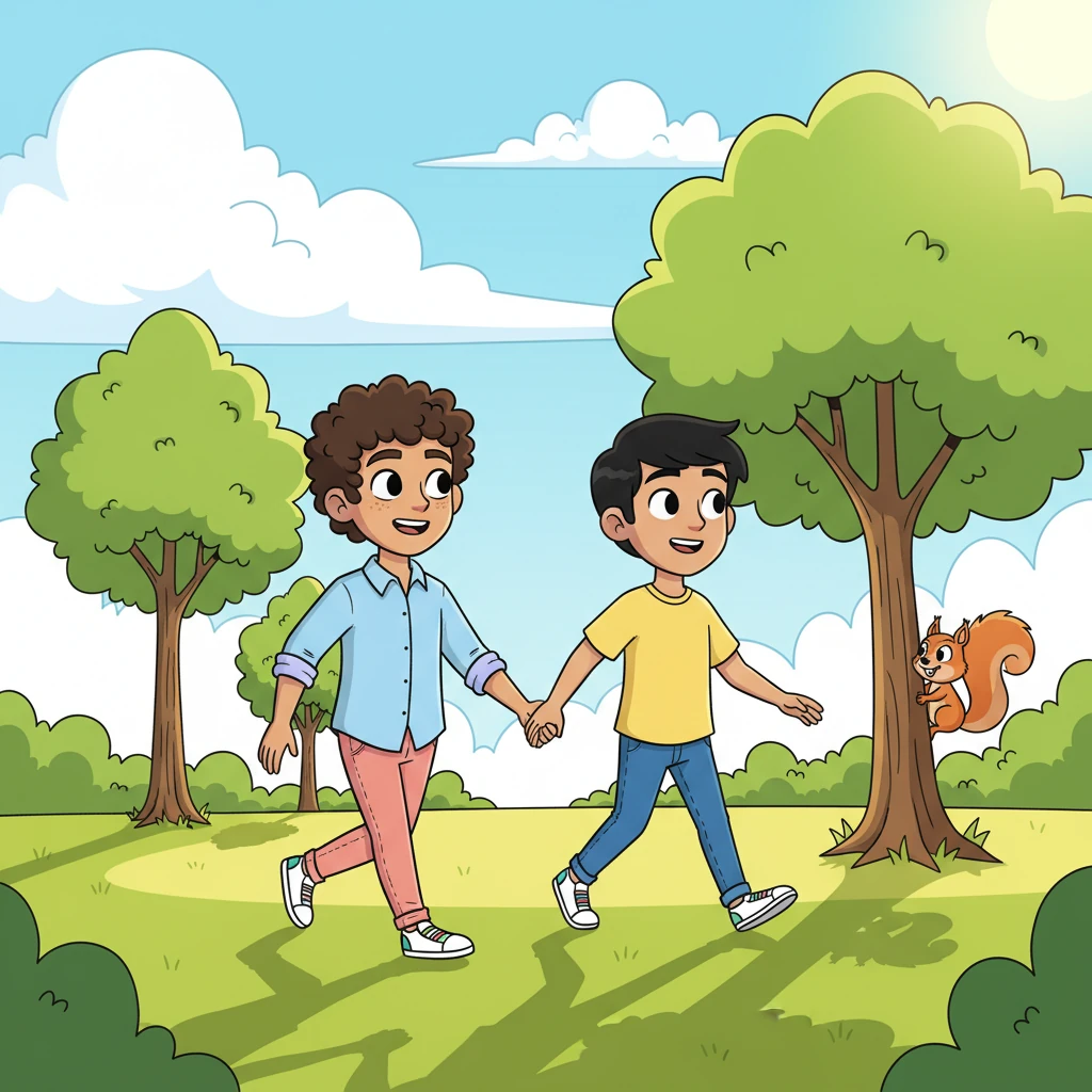 Hand in hand, Leo and Julian stroll through a sun-drenched park, their silhouettes playfully elongated against a backdrop of impossibly fluffy clouds and vibrant green trees. Their steps are light and bouncy, reflecting their budding joy, and a mischievous squirrel with an oversized bushy tail peeks from a tree, adding a touch of whimsical charm to the scene. Bold, flowing lines define their relaxed, happy posture.