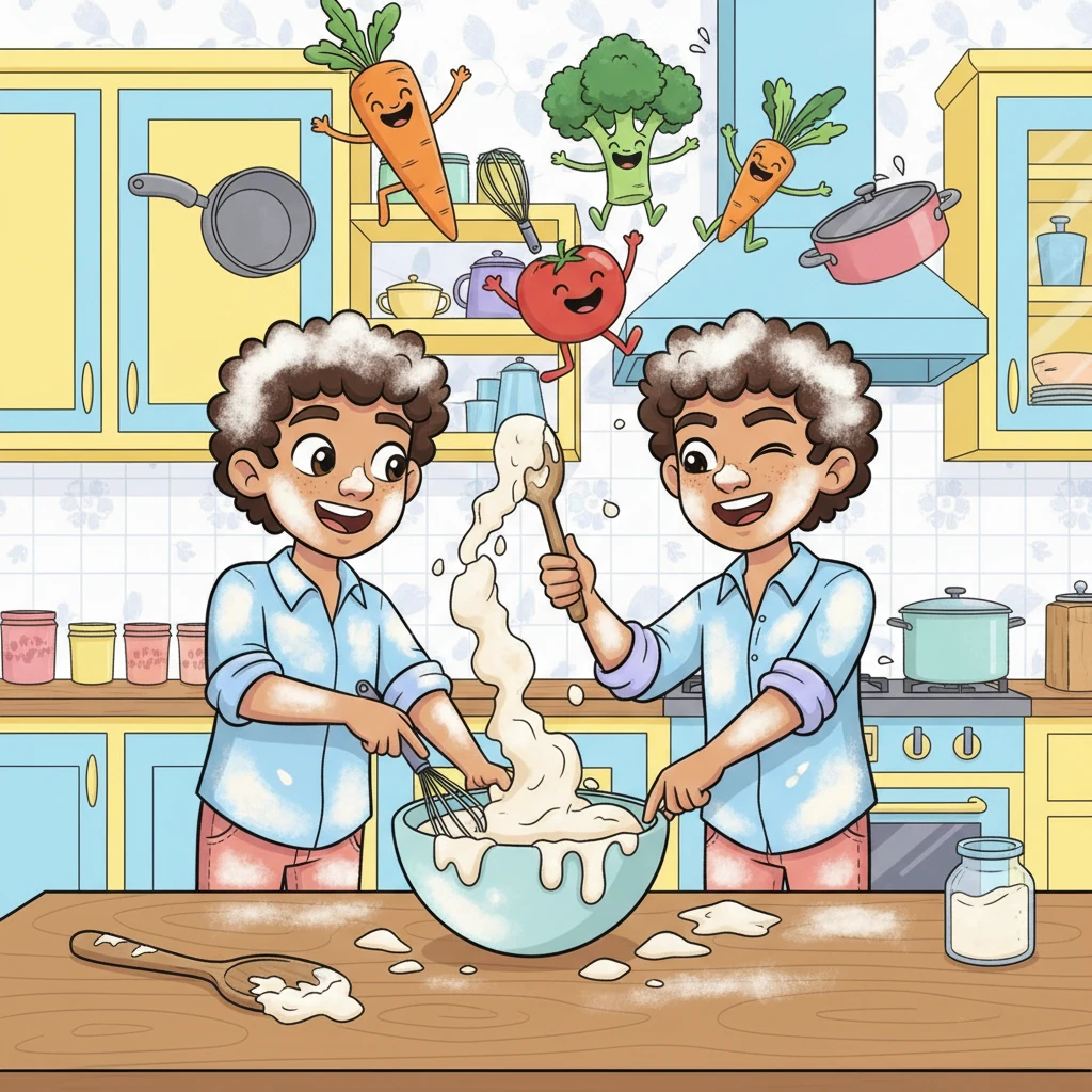 In a kitchen bursting with cheerful yellow and sky blue, Leo and Julian are comically covered in flour, playfully flicking bits at each other while mixing dough. Julian has a smudge on his nose and is laughing heartily, while Leo, with an exaggerated wink, holds up a flour-dusted spoon like a magic wand. Oversized vegetables and pots bounce merrily in the background, adding to the playful chaos.
