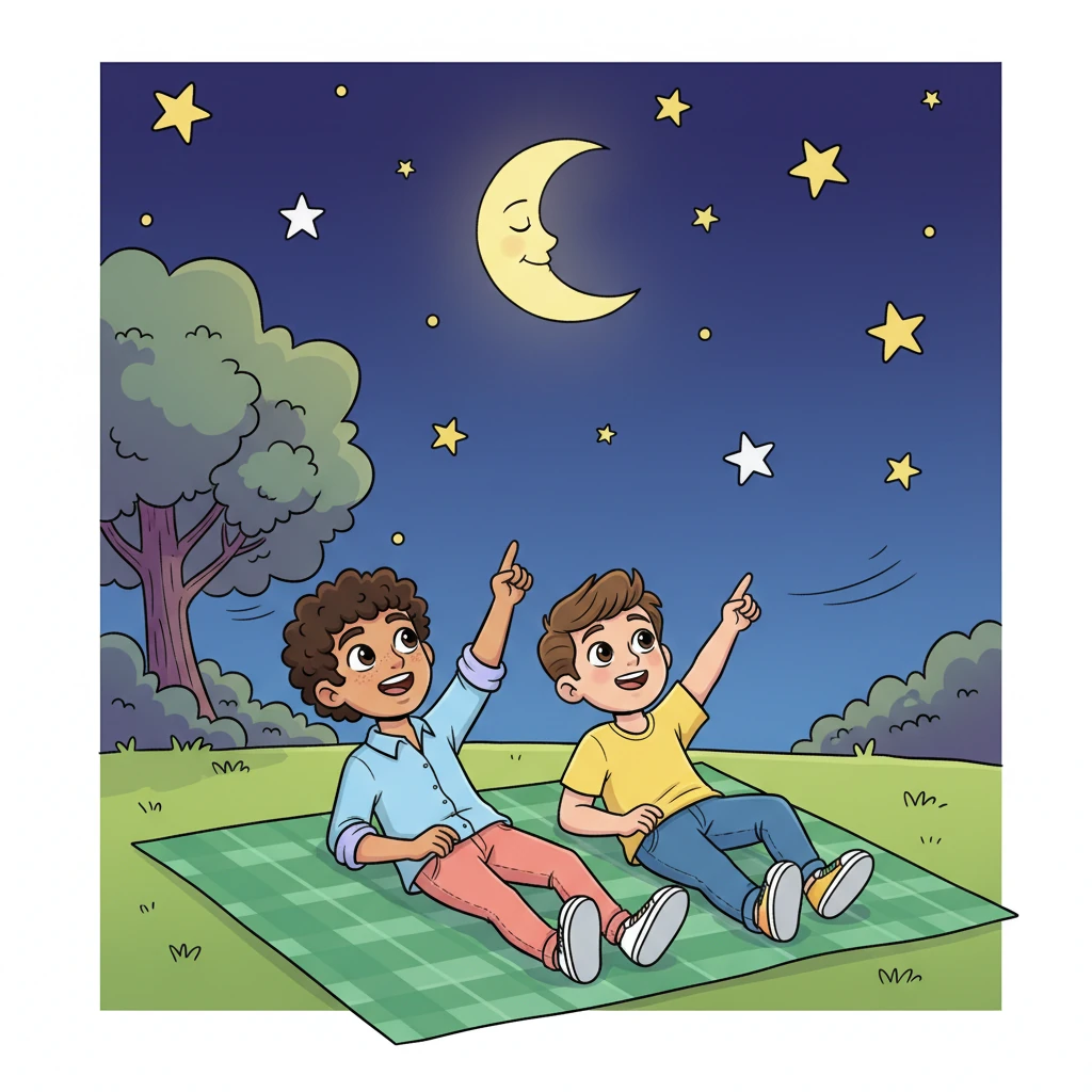 Under a vast, inky blue sky dotted with twinkling, cartoon-like stars and a crescent moon with a friendly face, Leo and Julian are stretched out on a vibrant green blanket. They lie side-by-side, pointing up at the constellations with wide, dreaming eyes, their expressions full of wonder and shared hopes. A gentle breeze playfully rustles the leaves of a nearby tree.