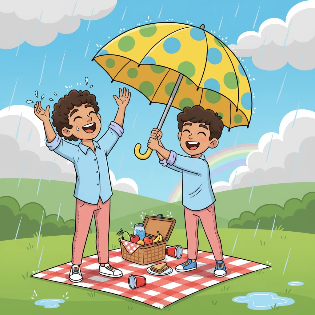 A sudden, cheerful rain shower has caught Leo and Julian mid-picnic, but they're laughing it off under a comically large, polka-dotted umbrella. Julian holds it high, his grin wide, while Leo, with a splash of water on his cheek, playfully tries to catch raindrops on his tongue. Their picnic basket, slightly askew, adds to the charmingly chaotic, joyful scene.
