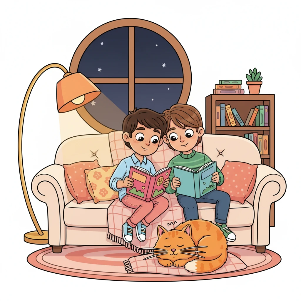 Curled up on a plush, oversized sofa in their cozy living room, Leo and Julian are engrossed in separate books, their heads gently leaning against each other. Soft, warm light spills from a whimsical lamp, casting a comforting glow, and a sleepy, contented cat with exaggerated whiskers is curled at their feet, purring softly. The scene radiates quiet contentment and warmth.