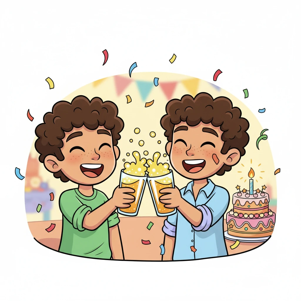 Celebrating a special day, Leo and Julian are joyfully clinking together two glasses filled with sparkling, bubbly juice. Confetti in bright, primary colors rains down around them, and their faces are alight with exaggerated smiles and happy, crinkling eyes. A playfully decorated cake with a single, glowing candle sits on a nearby table, adding to the festive atmosphere.