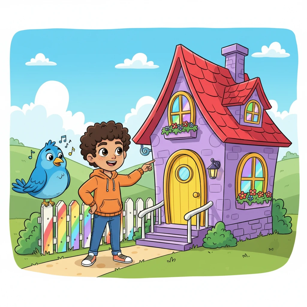 With hopeful grins, Leo and Julian stand before a charming, brightly colored little house with a whimsical picket fence, pointing excitedly at its features. Their gestures are animated and full of anticipation, imagining their future together, as a friendly, oversized bird with a cheerful song perches on the fence, observing their dreams. The scene is filled with vibrant possibility.