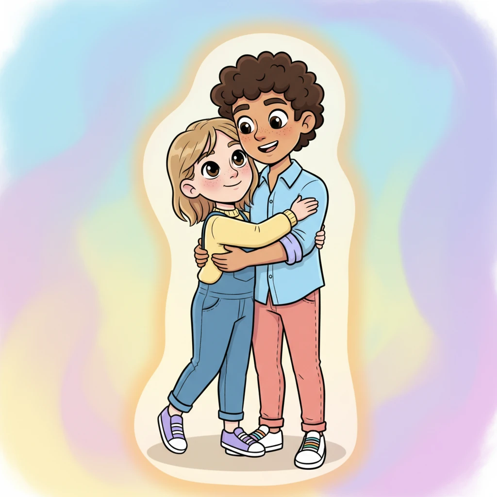 In a final, heartwarming embrace, Leo and Julian hold each other close, their eyes sparkling with deep affection and unwavering love. They are surrounded by a soft, warm glow, and their expressions radiate pure happiness and contentment, signifying a beautiful life built on shared joy and tender moments. A background of soft, swirling colors emphasizes their enduring bond.