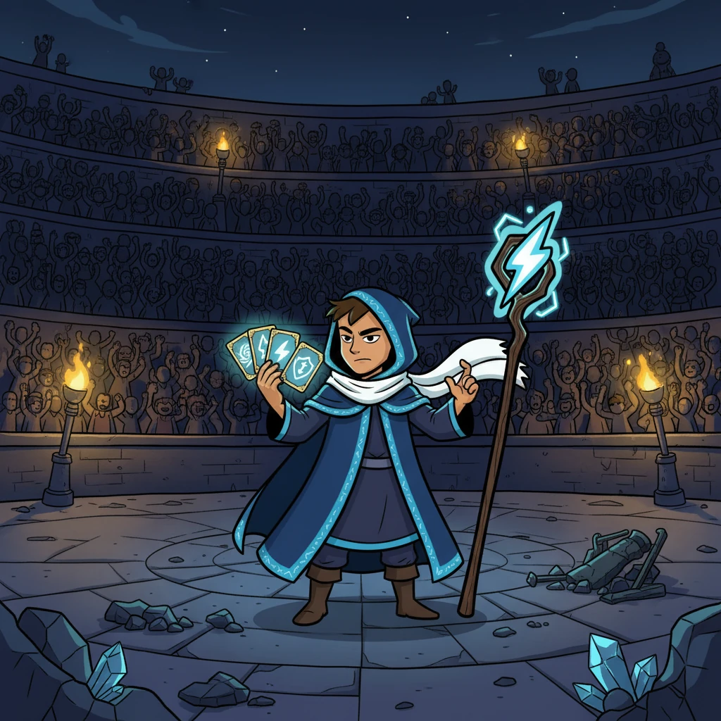 En el corazón del Reino Royale, Theron, un mago legendario, se preparaba para su batalla más crucial. Sus manos, antes expertas en lanzar rayos, ahora se tensaban sobre sus cartas. La Arena Legendaria rugía con la expectativa de la multitud, ansiosa por presenciar el poder de Theron.