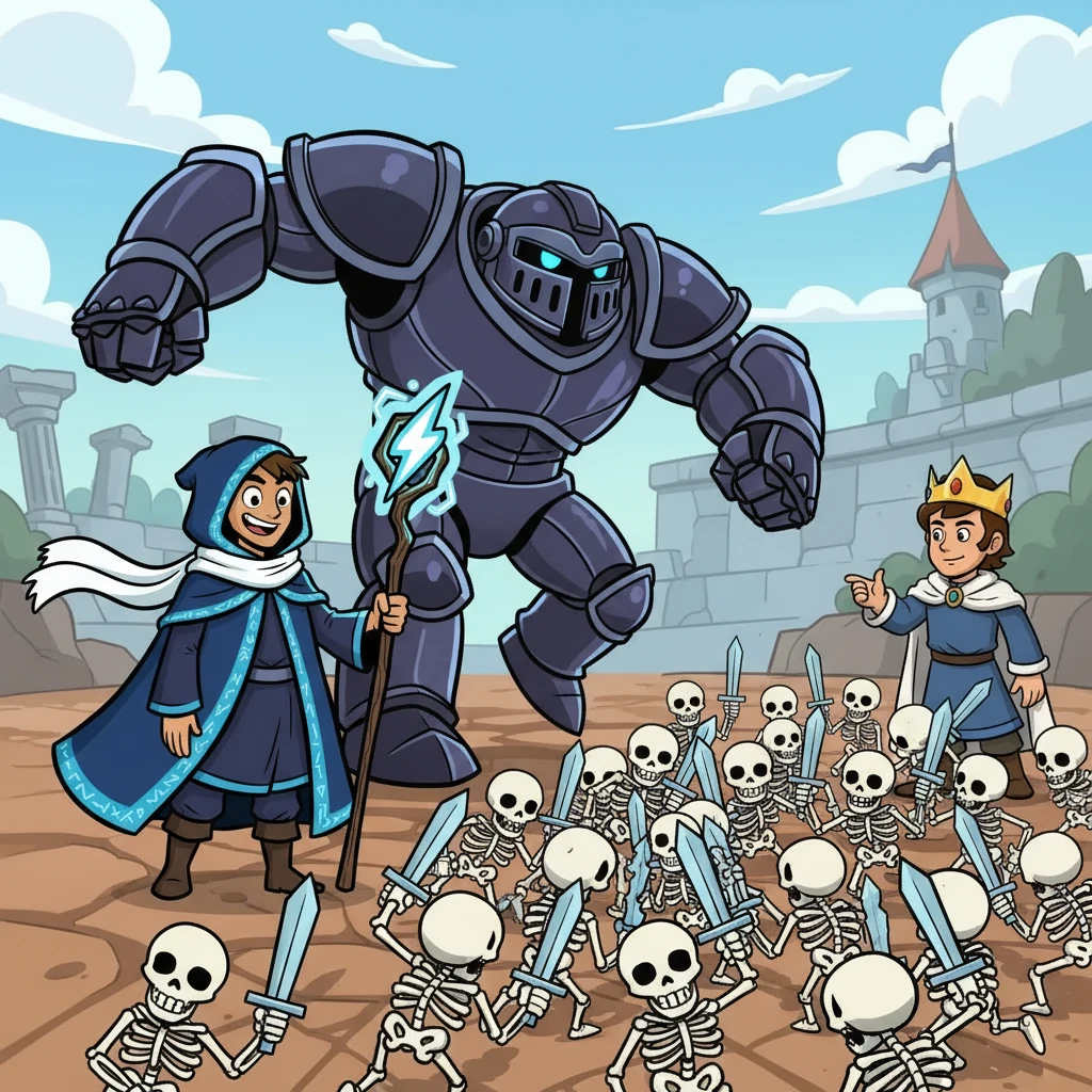 Pero la confianza de Theron se convirtió en arrogancia. Confiando en la fuerza bruta del P.E.K.K.A., envió a su gigante de metal demasiado pronto. La respuesta del joven rey fue un simple Ejército de Esqueletos. La risa resonó, y Theron sintió la derrota acercarse.