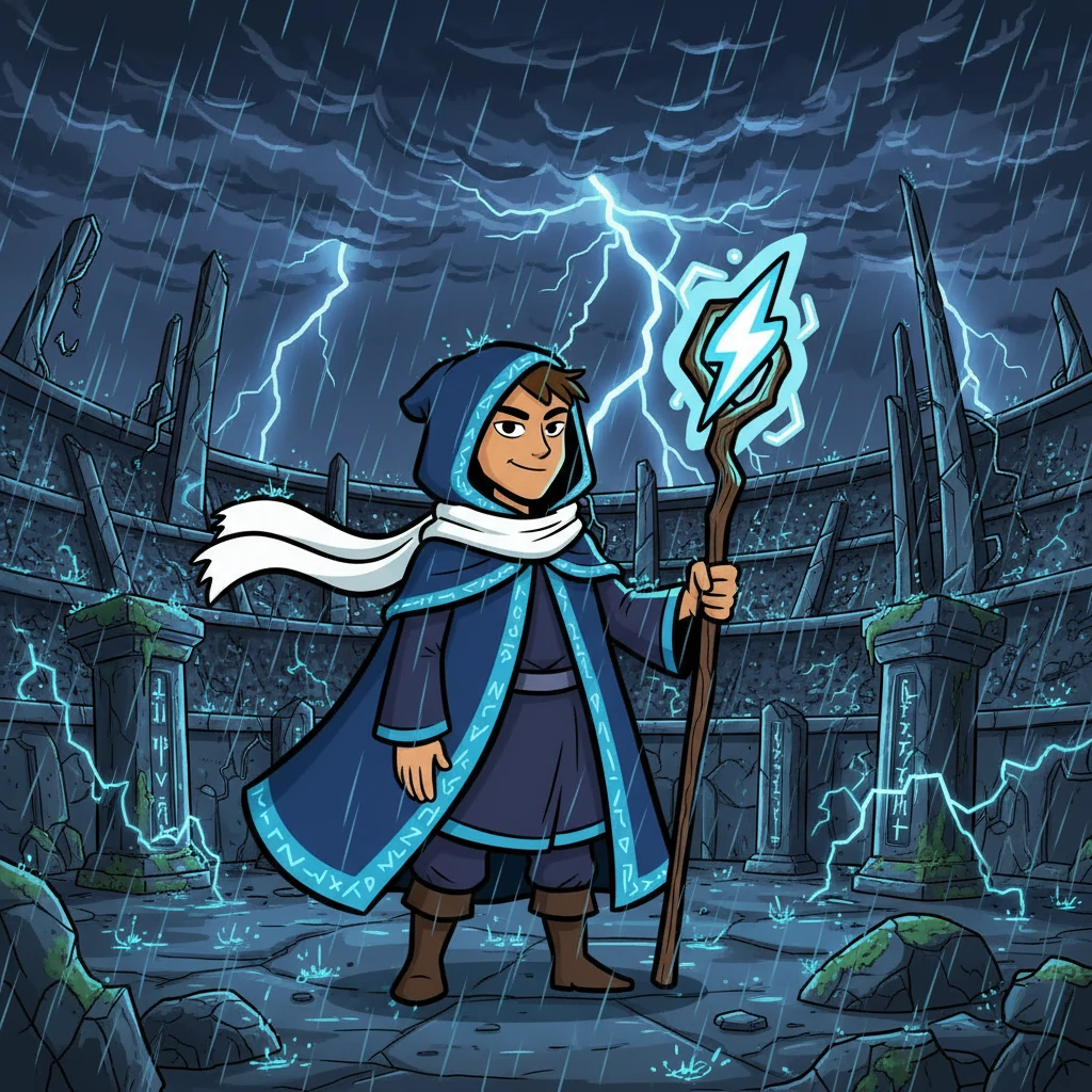 Años después, la Arena Legendaria se había transformado, y los reyes habían sido sucedidos. Una noche tormentosa, la magia antigua resonó en la Arena Eléctrica. Una figura encapuchada, Theron, regresaba, su bastón brillando con un rayo azul.