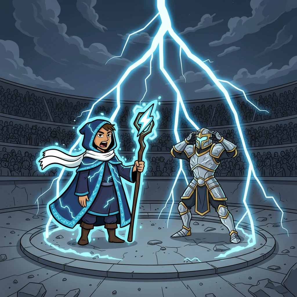 En la batalla final, frente al nuevo campeón, Theron levantó su bastón y gritó: '¡No soy una carta… soy la historia que ustedes olvidaron!'. Un rayo intenso iluminó la arena, marcando el clímax de su regreso.