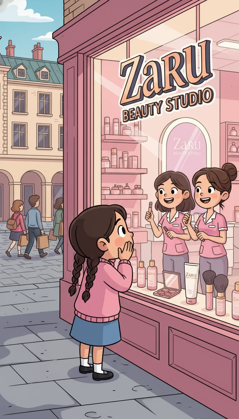 Однажды, гуляя по городу, Зара увидела яркую вывеску: «Zaru Beauty Studio». Завороженная, она заглянула в окно, где увидела много красивых вещей и улыбающихся девушек.