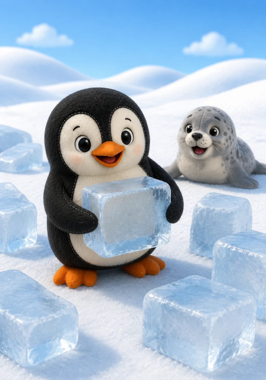 Peter the Penguin stands on a flat, snowy plain, holding a smooth block of ice with his flippers. He is surrounded by large, simple ice blocks waiting to be used for his project. The background features clean, open lines of snowdrifts, making the landscape perfect for coloring.