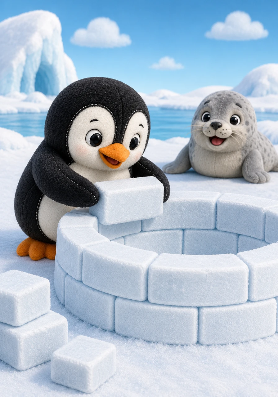 Peter carefully stacks the ice blocks into a circular pattern, showing deep concentration on his face. The scene focuses on the structure of the igloo, with bold, clear lines defining the individual ice blocks for easy coloring.