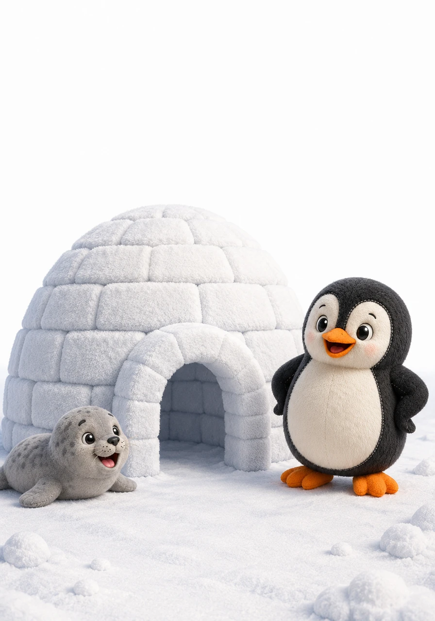 The finished igloo stands tall and round with a welcoming arched doorway. Peter stands to the side, looking at his work with pride, leaving plenty of white space in the background for coloring the winter sky.