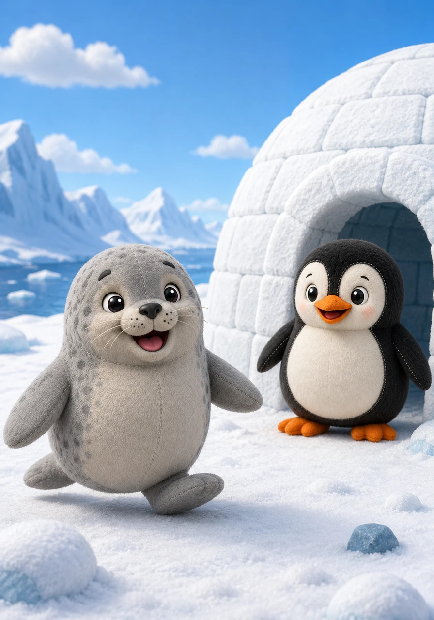 Sonny the Seal waddles onto the scene from the left, looking happy and playful. He is drawn with simple, rounded shapes and a cheerful smile, ready to explore the snowy landscape near the igloo.