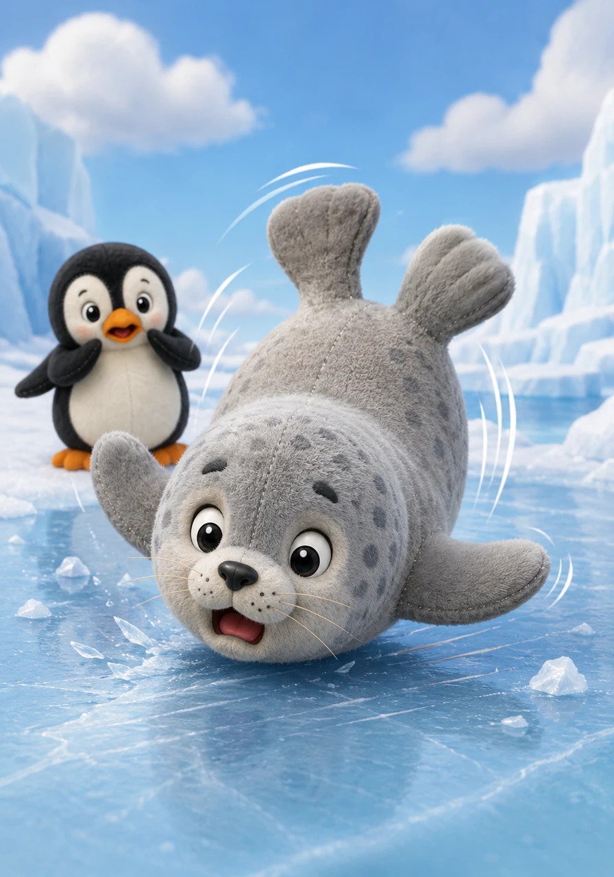 Sonny is caught in a moment of motion, his flippers up in the air as he loses his balance on a patch of slippery ice. The perspective shows him tumbling forward, with simple motion lines that are fun to color.