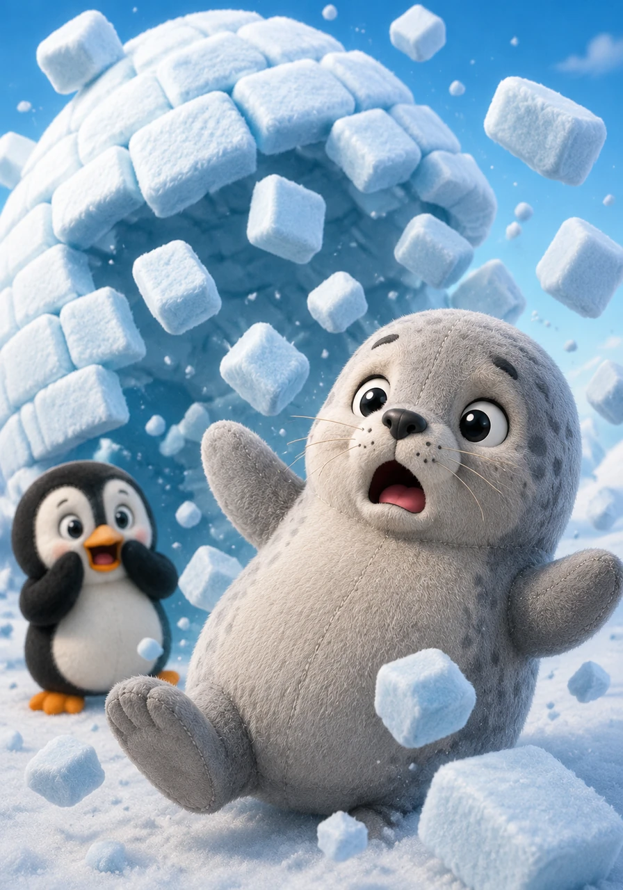 A close-up view shows the igloo tipping over, with ice blocks scattering in the air around a surprised-looking Sonny. The shapes are dynamic yet clearly defined, creating a fun and slightly chaotic scene for coloring.