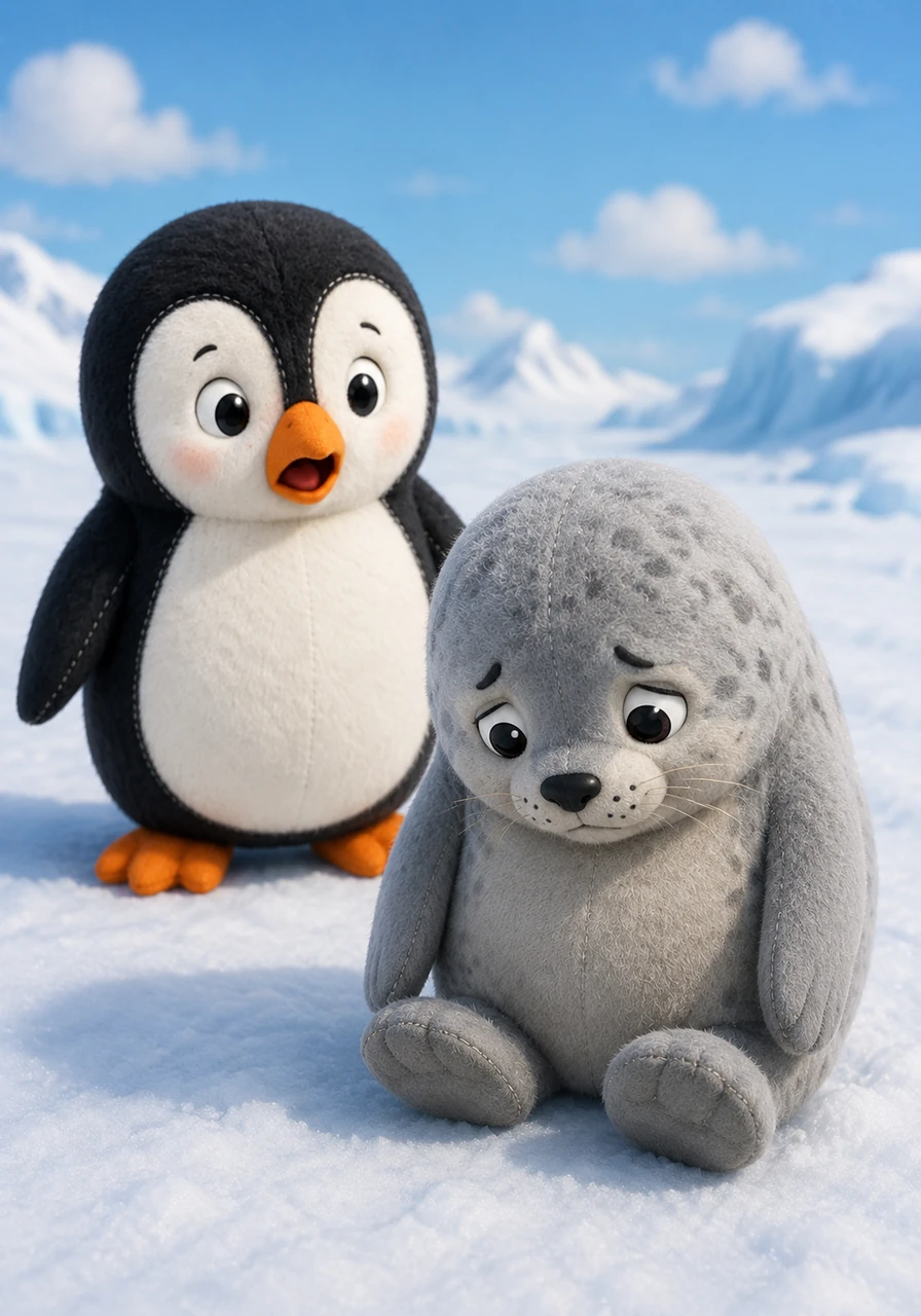Sonny sits in the snow looking apologetic with his head hung low, while Peter stands nearby, looking surprised. The contrast between the two animals is clear, providing a great opportunity to use different colors for each character.