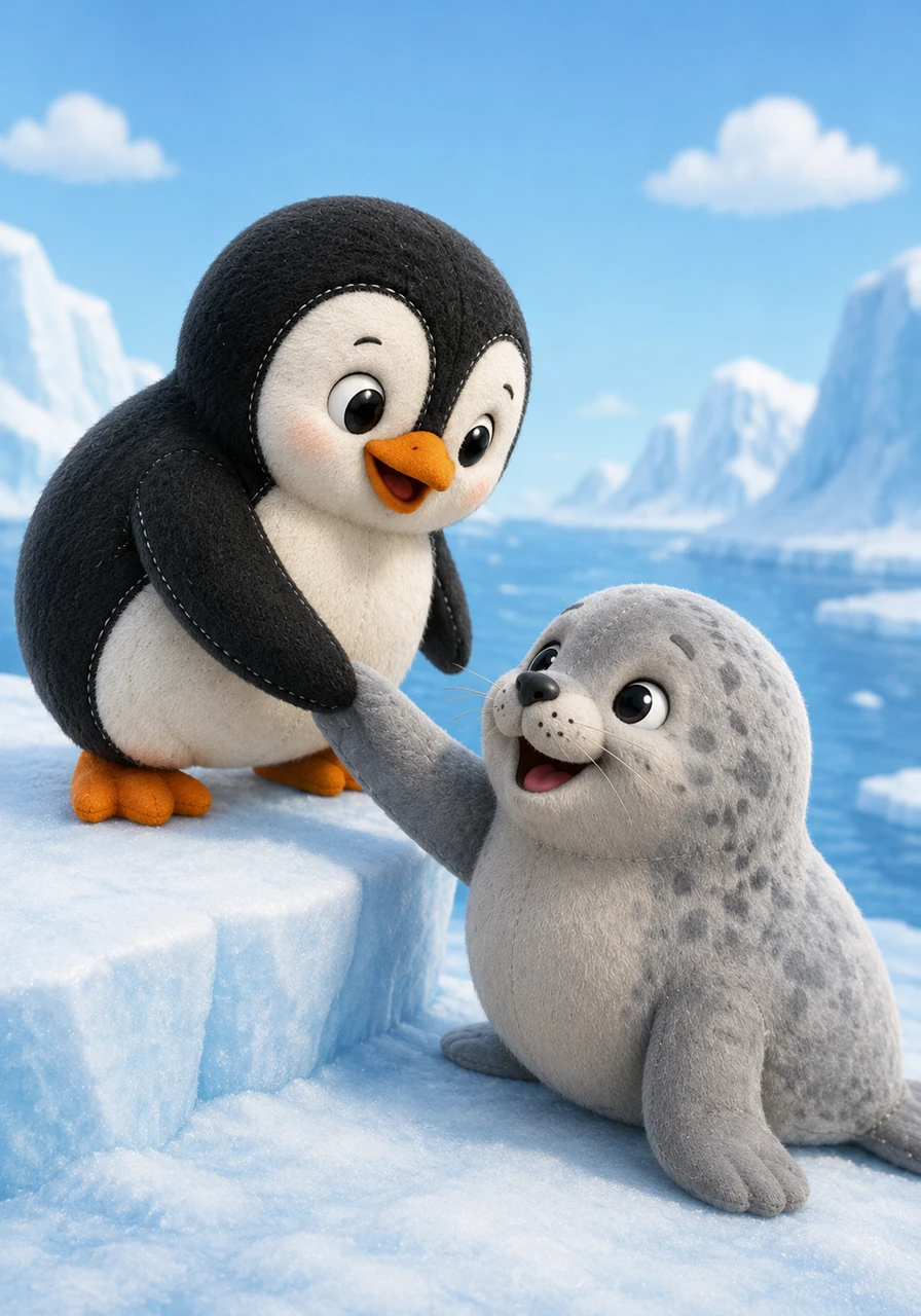 Peter reaches out a flipper to help Sonny up, and they are both smiling at each other. This scene features simple, clean lines focusing on the beginning of their friendship and the act of helping.