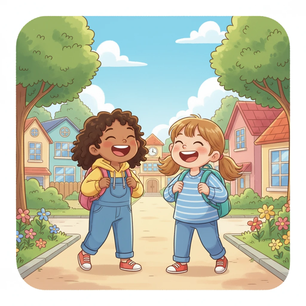 På vägen till skolan gick Lova och hennes bästa vän, Moa, tillsammans. De pratade om allt möjligt, från helgens äventyr till vad de längtade efter att lära sig. Skrattet fyllde luften och gjorde dagen ljusare.