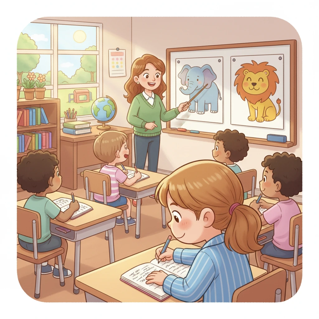 I klassrummet väntade spännande lektioner. Lova älskade att läsa och skriva, och idag skulle de lära sig om djur. Fröken berättade fascinerande fakta, och Lova antecknade flitigt i sin skrivbok.