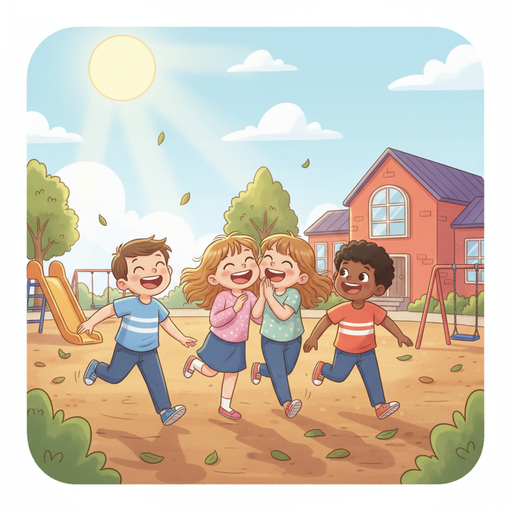 Under rasten lekte Lova och Moa med sina vänner på skolgården. De sprang, skrattade och delade hemligheter. Solen värmde deras kinder, och de kände sig lyckliga.