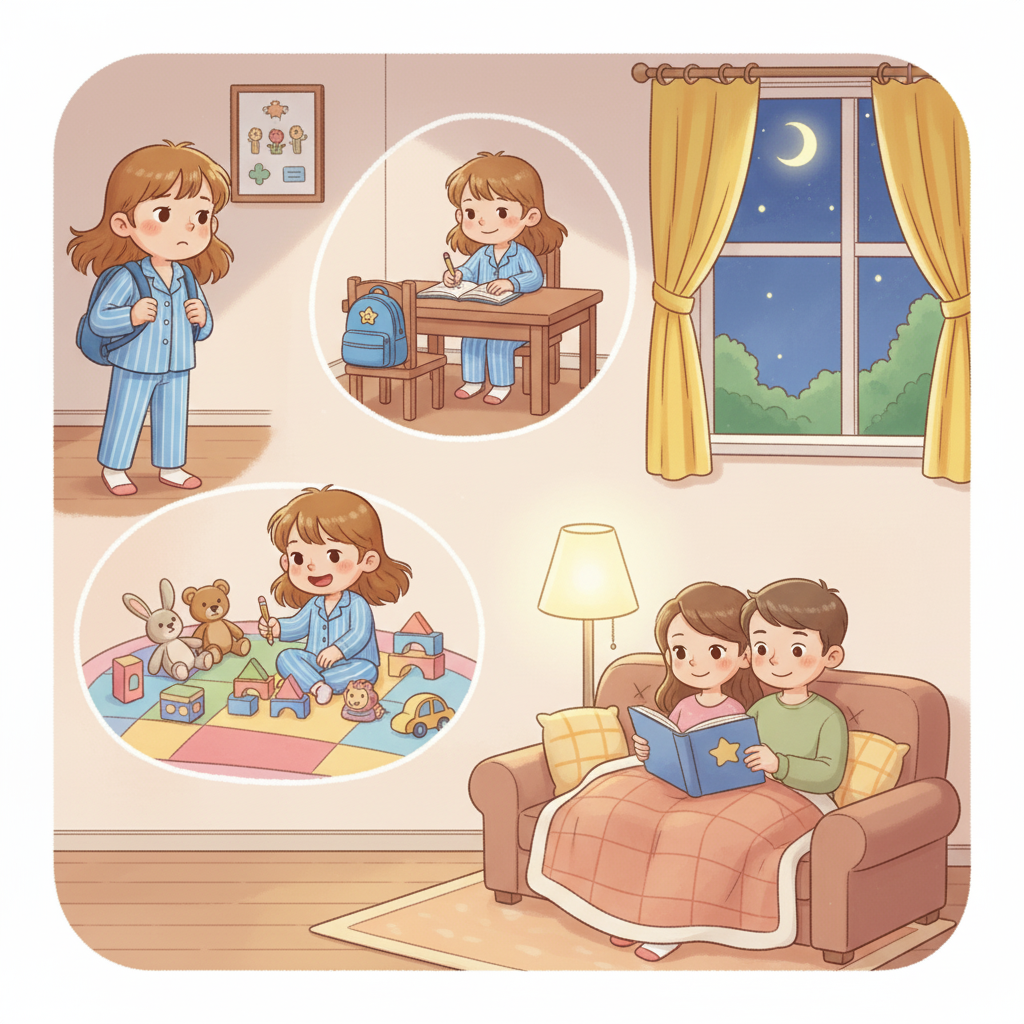 Efter skolan gick Lova hem, trött men nöjd. Hon hjälpte till med läxorna och sedan lekte hon med sina leksaker. Kvällen avslutades med en mysig stund i soffan med familjen, redo för en ny dag.