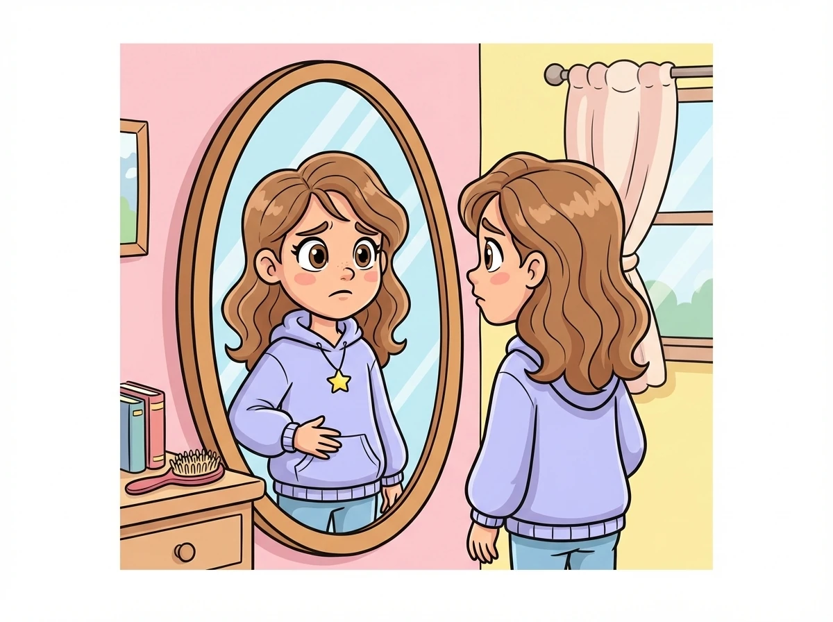 Sofia, com seus 13 anos, se olha no espelho, notando as primeiras mudanças em seu corpo. Ela se sente um pouco insegura e confusa sobre o que está acontecendo.